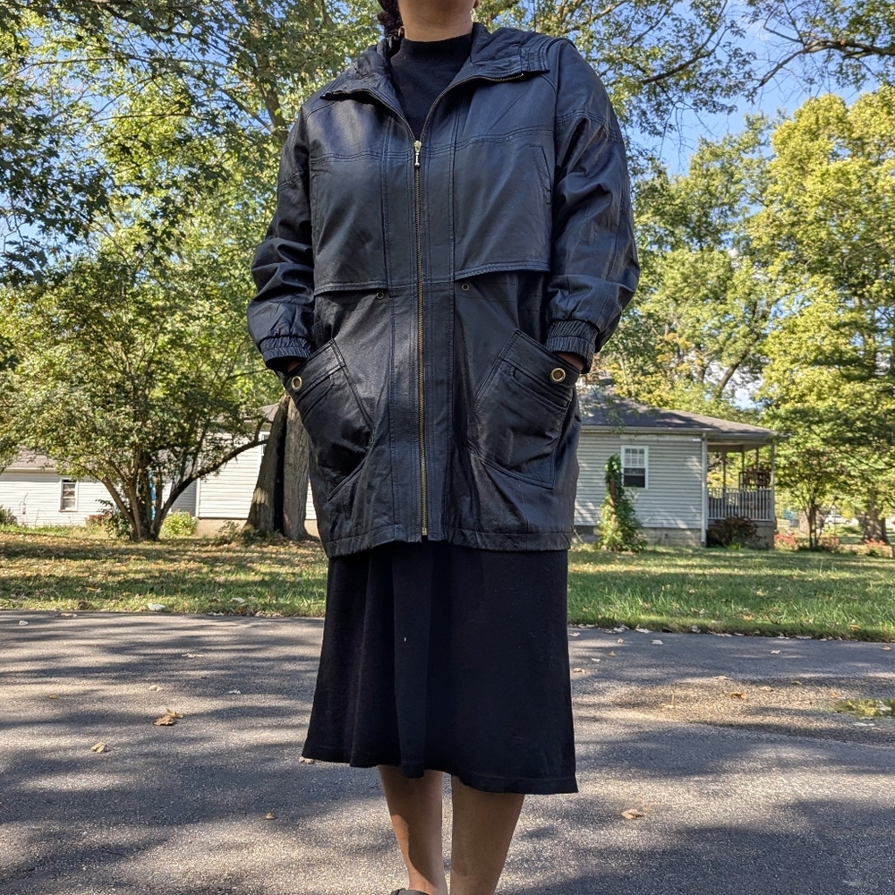 Vintage 90s Black Leather Long Hooded Jacket by The Connection New York